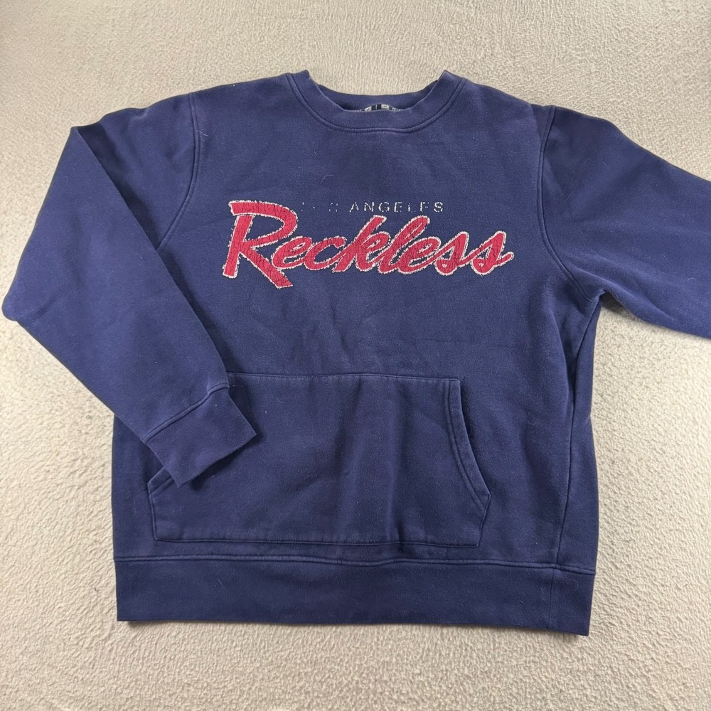 Young & Reckless Sweatshirt Mens XL Navy Blue Graphic Spellout Logo Fleece Lined